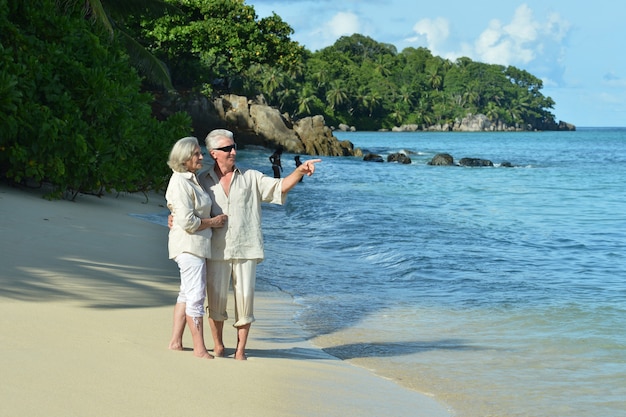 Le coppie anziane felici riposano alla spiaggia tropicale