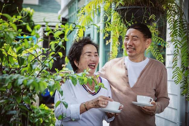 Le coppie asiatiche degli anziani hanno bevendo il tè nel patio