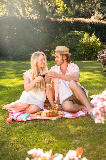 Le coppie felici che hanno un picnic e bevono il vino rosso nel giardino