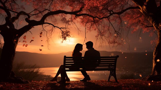 Le coppie proiettate si siedono sulla panchina sotto uno sfondo di San Valentino dell'albero di amore