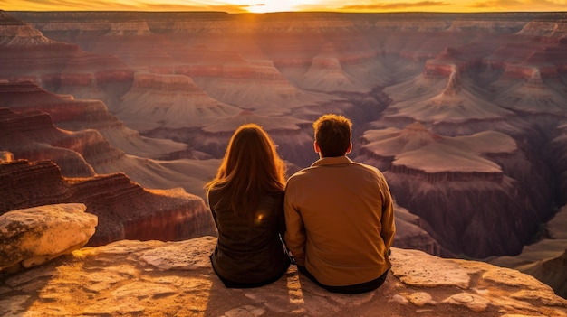 Le coppie si siedono ai margini del Grand Canyon National Park USA Generative AI