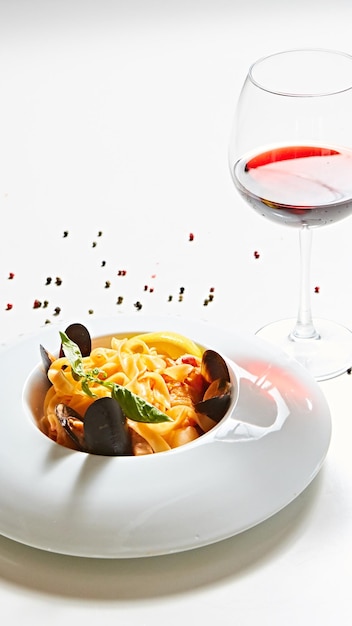 Le cozze cotte e la pasta con il bicchiere di vino