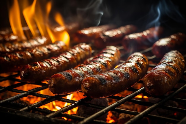 Le deliziose salsicce bavaresi sono alla griglia sul carbone una fiamma si rompe attraverso la griglia