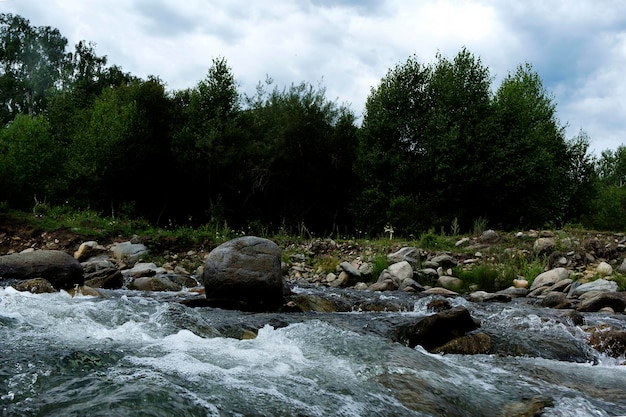 le distese del territorio dell'Altai e il rapido scorrere dei fiumi di montagna in una soleggiata giornata estiva