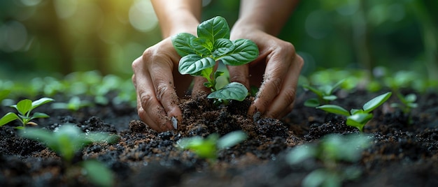 Le dita che piantano un giardino di erbe