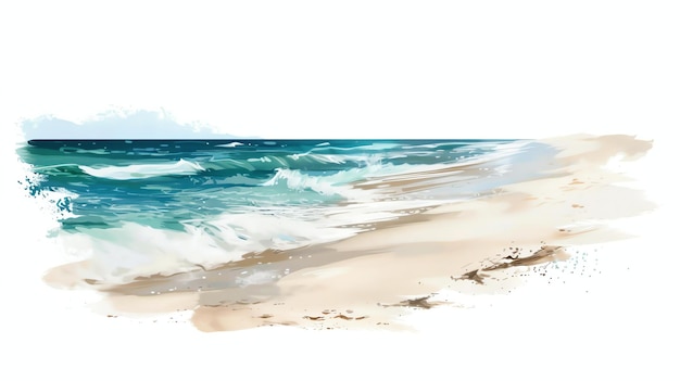 Le dolci onde dell'oceano si abbracciano contro la riva sabbiosa in questo bellissimo dipinto ad acquerello