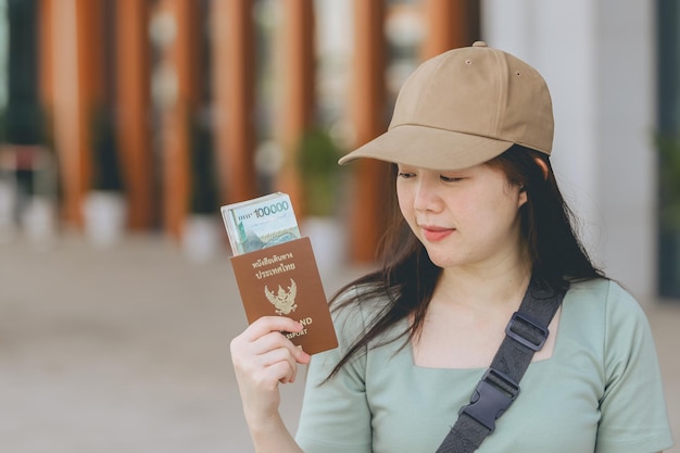 Le donne asiatiche in possesso di banconote del Laos kip denaro e in possesso di passaporto tailandese