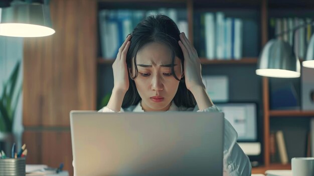 Le donne asiatiche sono stressate mentre lavorano al portatile. Una donna d'affari asiatica stanca con mal di testa in ufficio si sente male al lavoro.