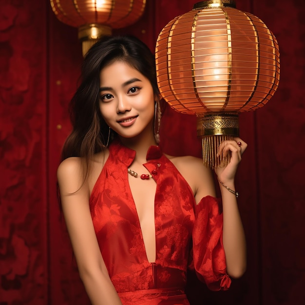 Le donne asiatiche sorridono, le loro facce sono delicate, indossano un vestito cinese rosso e tengono una lanterna rossa.