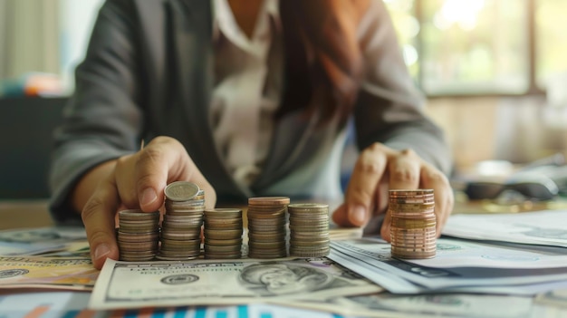 Le donne d'affari mettono una pila di monete e molte banconote in ufficio per risparmiare per il futuro e la pensione.