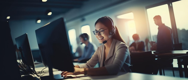 le donne del call center sorridevano lavorando e fornendo servizio con cortesia e attenzione davanti al laptop con riflesso lente e bokeh in ufficio con tono scuro morbido AI generativa