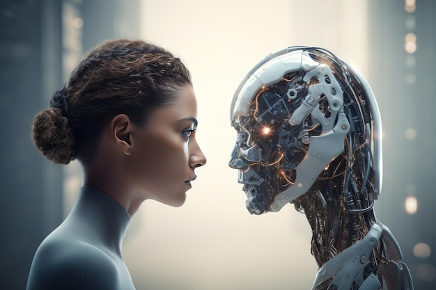 Le donne di fronte all'AI Il concetto di confronto tra i robot L'idea di confronto fra l'umanità e l'intelligenza artificiale generata dall'AI