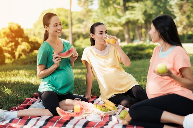 Le donne di pancia parlano nel parco. Picnic delle donne incinte.