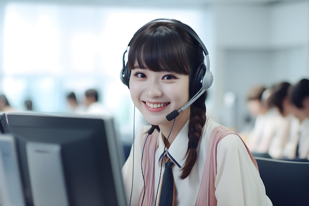 le donne di telemarketing del call center sorridevano lavorando alla scrivania indossando il microfono