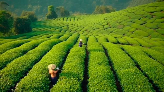 Le donne in asia raccolgono il tè sulle terrazze delle piantagioni verdi sullo sfondo del paesaggio IA generativa