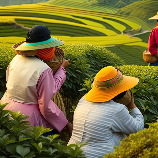Le donne in Asia raccolgono il tè sulle terrazze verdi delle piantagioni