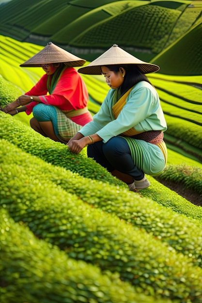 Le donne in Asia raccolgono il tè sulle terrazze verdi delle piantagioni