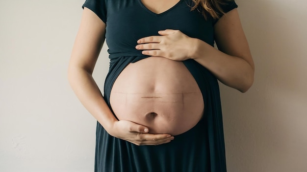 Le donne mostrano la pancia dopo la nascita, le smagliature su uno sfondo bianco.