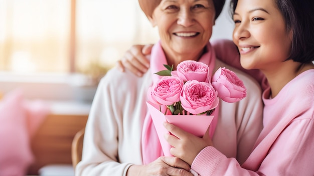 le donne mostrano un nastro rosa con la prevenzione del cancro al seno sullo sfondo rosa