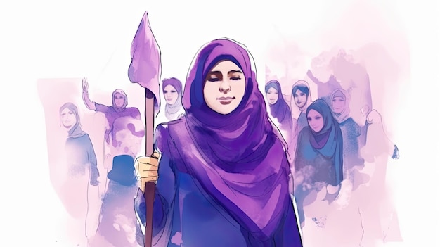 Le donne musulmane in Iran sostengono l'illustrazione dell'acquerello dei diritti delle donne in tonalità viola IA generativa