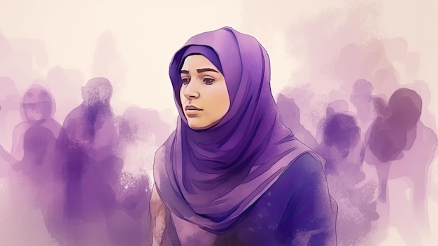 Le donne musulmane in Iran sostengono l'illustrazione dell'acquerello dei diritti delle donne in tonalità viola IA generativa
