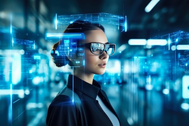 Le donne nel centro commerciale utilizzano la visualizzazione dell'ologramma nel negozio per lo shopping online, la realtà virtuale nella realtà virtuale nella vendita al dettaglio si combinano Creato con l'intelligenza artificiale generativa