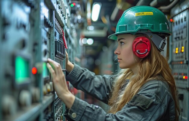 Le donne nel settore manifatturiero e le ingegneri spesso ispezionano il MDB nella sala di controllo elettrico