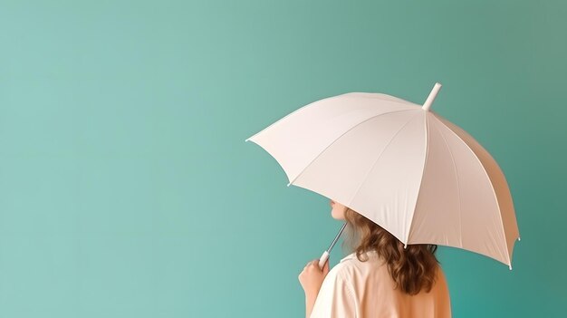 Le donne si levano in piedi con un ombrello bianco vuoto aperto Modello mock up isolato su sfondo colorato La persona femminile tiene un ombrellone chiaro sopra la testa Superficie piana IA generativa