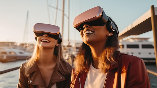Le donne si stanno godendo la loro attrezzatura di realtà virtuale nello stile di affascinante vista sul porto giallo chiaro e marrone chiaro scultura online avacadopunk rtx energia giovanile avventura core