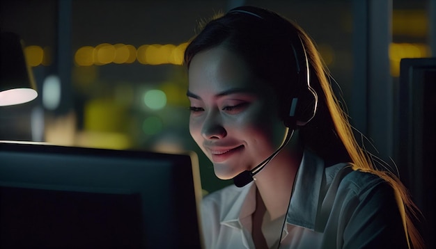 Le donne sorridenti asiatiche tailandesi chiamano i dipendenti dell'azienda del centro che eseguono il turno di notte per servire i clienti sul posto di lavoro di notte IA generativa