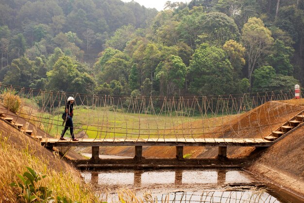 Le donne tailandesi dei viaggiatori visitano camminando sul ponte sospeso in legno nel lago Pang Ung nel parco forestale di Pang Oung o nella Svizzera della Thailandia nell'autentico villaggio cinese Ban Rak Thai a Mae Hong Son Thailandia