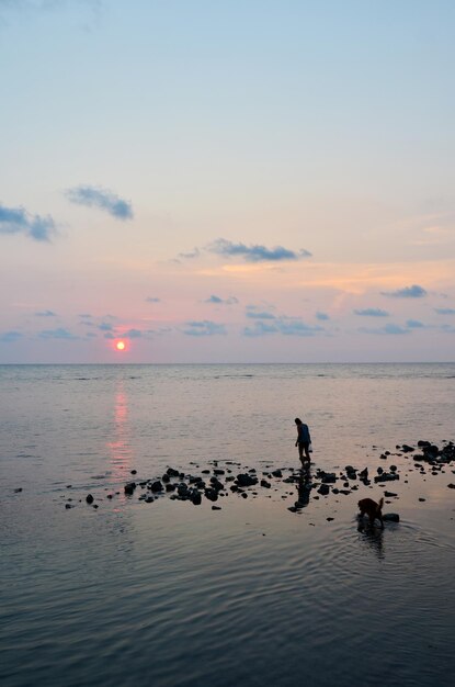 Le donne tailandesi locali le persone al guinzaglio del cane che camminano si rilassano sulla ricreazione della spiaggia di roccia di pietra e giocano a nuotare nell'acqua nell'oceano del mare nel Golfo di Thailandia mentre l'ora del tramonto al tramonto sull'isola di Koh Chang a Trat Thailandia