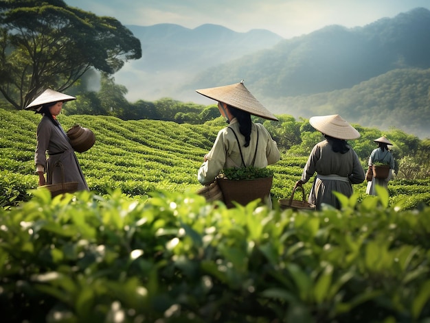 Le donne vietnamite raccolgono le foglie di tè generate ai