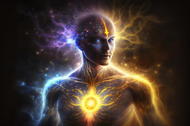 Le energie spirituali all'interno dell'uomo illuminano l'immagine astrale dei Chakra generativa AI