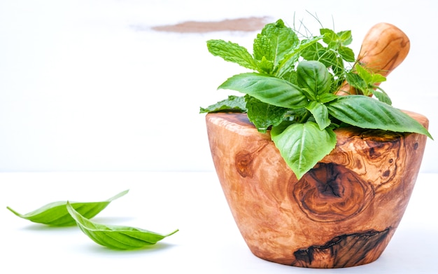 Le erbe fresche della medicina alternativa nel mortaio di legno hanno installato su fondo di legno bianco