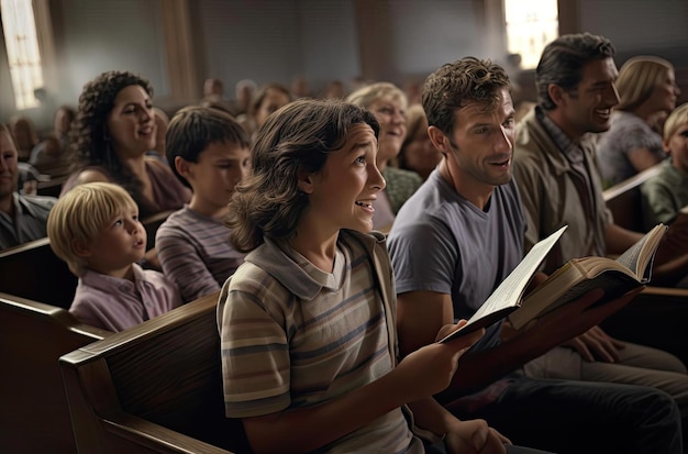 Le famiglie stanno leggendo la Bibbia a un servizio in chiesa nello stile di un film.