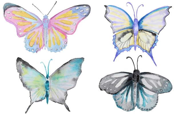 Le farfalle multicolori dell&#39;acquerello hanno impostato isolato su bianco