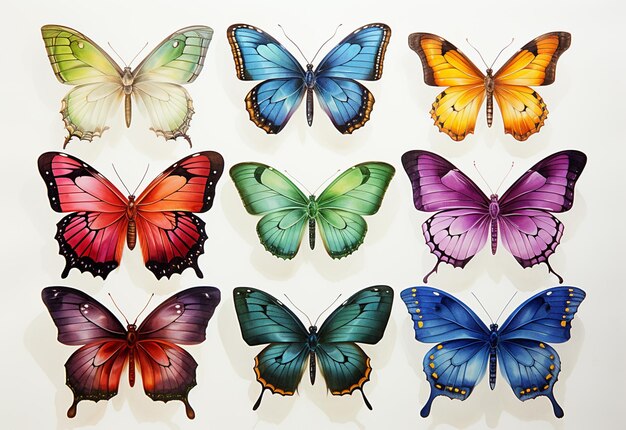 le farfalle sono disposte in fila su una superficie bianca generativa ai