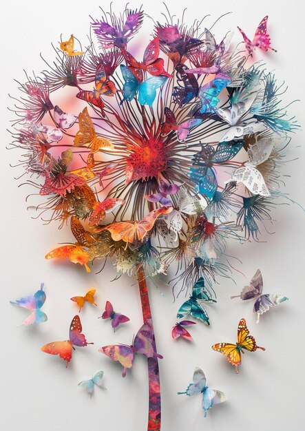 le farfalle volano attorno a un albero fatto di farfalle di carta generative ai