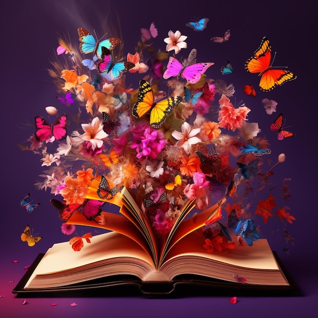 le farfalle volano fuori da un libro con uno sfondo viola ai generativo