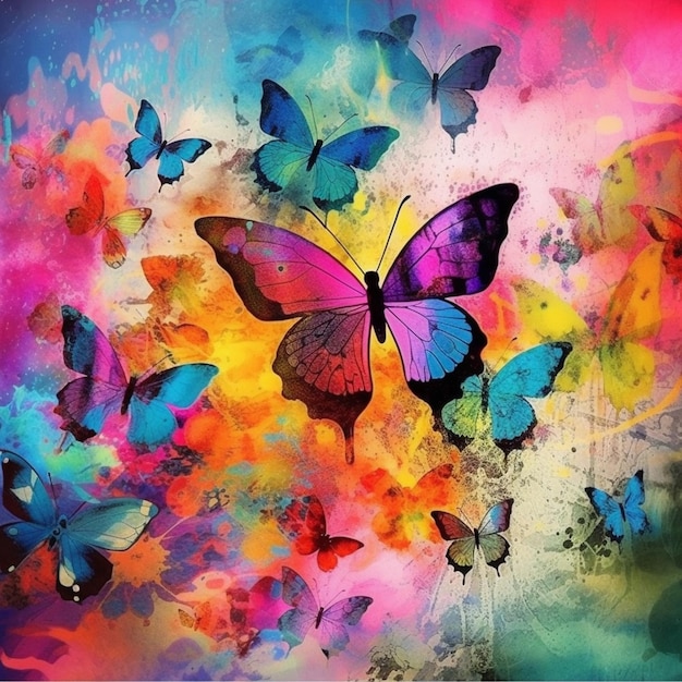 le farfalle volano nell'aria con vernice colorata su di loro ai generativa