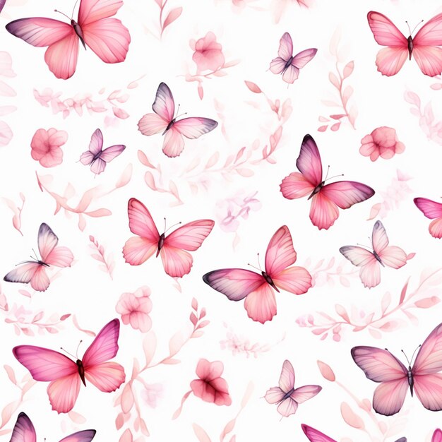 le farfalle volano su uno sfondo bianco con fiori rosa generativi ai
