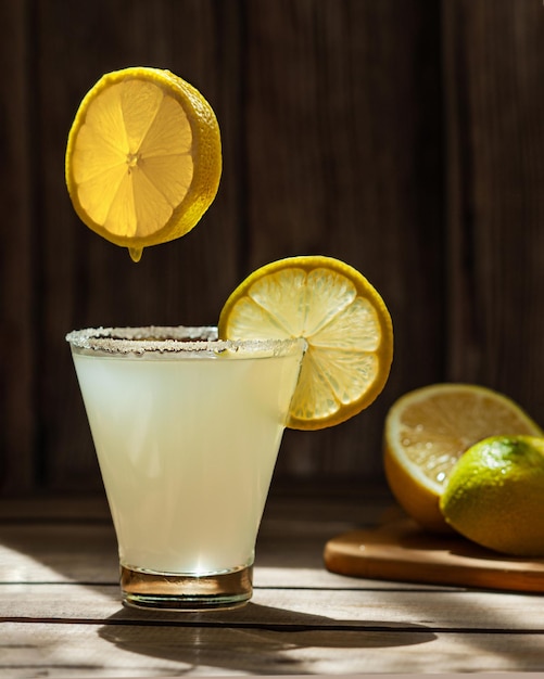 Le fette di limone giuste rotonde volano e cadono in un cocktail in bicchiere con zucchero su un tavolo di legno