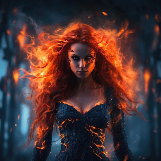 Le fiamme affascinanti Un sorprendente ritratto di una donna dai capelli rossi e vestita di fuoco