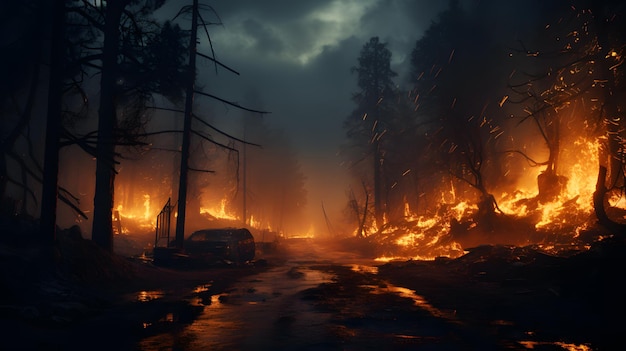 Le fiamme bruciano nella foresta buia con un'auto parcheggiata al centro.