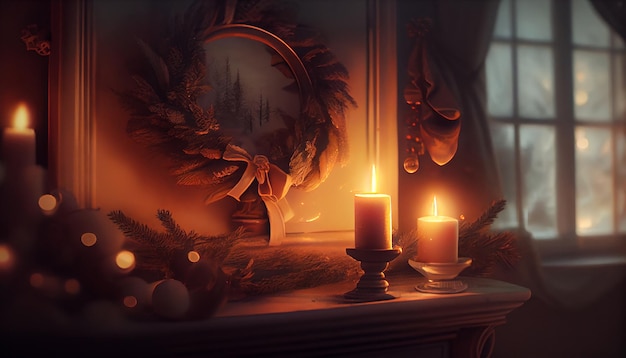 Le fiamme incandescenti della celebrazione invernale a lume di candela illuminano l'interno della casa generato dall'intelligenza artificiale