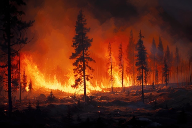 Le fiamme intense di un massiccio incendio forestale illuminano la notte mentre infuriano attraverso le foreste di pini.