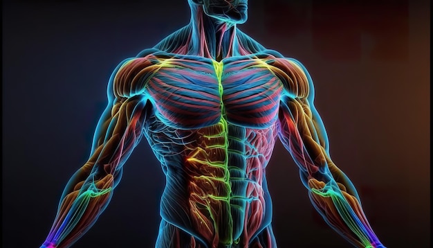 Le fibre muscolari del corpo anatomico sono visibili neon rengen Illustrazione creativa ai Genera