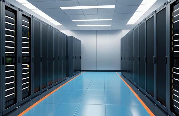 Le file di server racks riempiono la sala server di un vivace data center