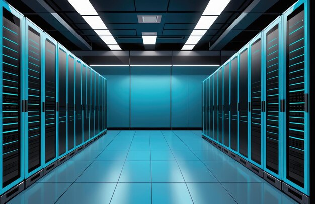 Le file di server racks riempiono la sala server di un vivace data center